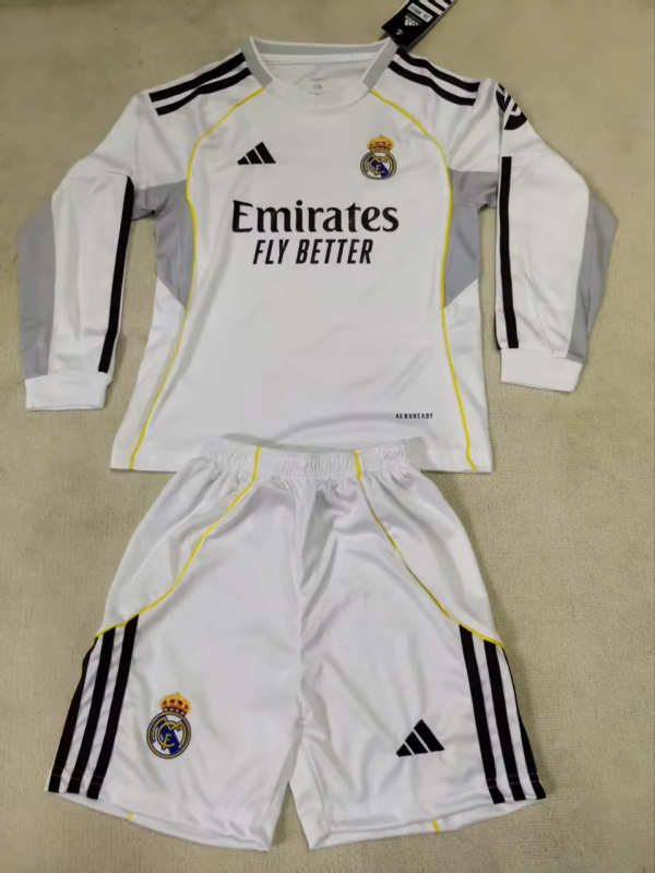 Real Madrid 2025/26 Home Long Sleeve Kids Kit