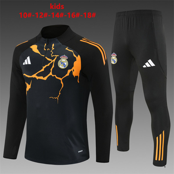 Real Madrid 2025/26 Black and Orange  Half zipper training clothes Kid Size 10-18