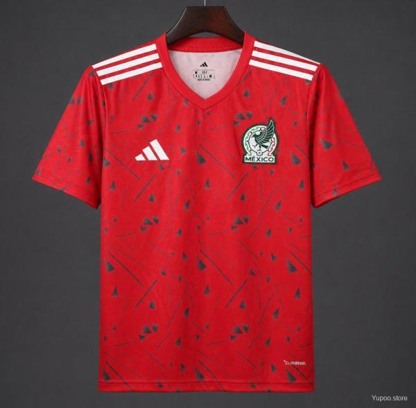 2026 Mexico Red Soccer Jersey with Green Geometric Triangles and Stripe S-2XL