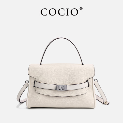 COCIO Off White Silver Lock Top Handle Bag, Elegant Flap Crossbody Shoulder Bag Lightweight Daily Commuter Handbag