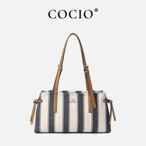 COCIO Blue White Stripe Canvas Shoulder Tote Bag сумка женская Women's bag bolsos mujer bags for woman sac à main femme bolsas de mujer 2026