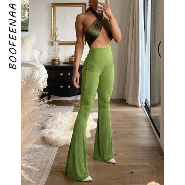 BOOFEENAA Y2k Clothes Green Knit Flare Pants Women High Waist Bell Bottoms Vintage Casual Trousers Spring Summer 2021 C76-BE20
