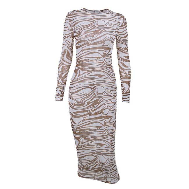 BOOFEENAA Fashion Printed Sheer Mesh Bodycon Dresses for Women 2021 Sexy Nightclub Transparent Long Sleeve Midi Dress C76-BG16