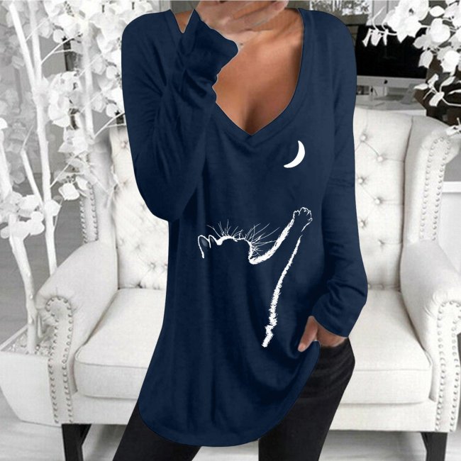 Long sleeve V-neck cat print casual top T-shirt