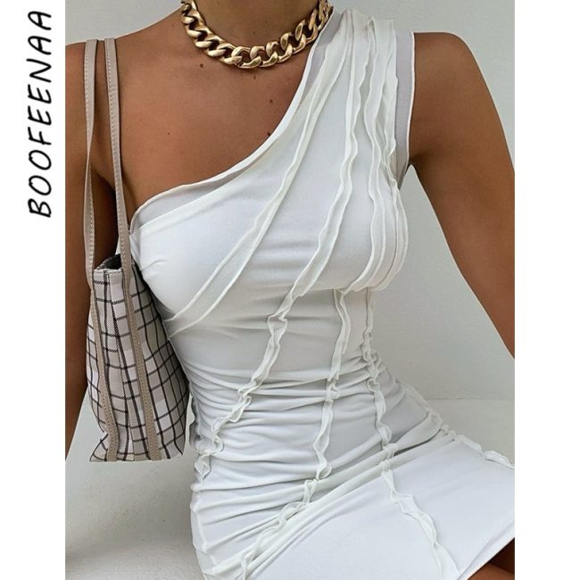 BOOFEENAA Sexy White Summer Dress 2021 Contrast Stitch One Shoulder Backless Mini Bodycon Dresses Birthday Club Outfits C85-BH14