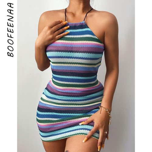BOOFEENAA Colorful Knitted Backless Halter Bodycon Mini Dress Sexy Outfits for Woman Night Club Summer Sundress C66-BG12