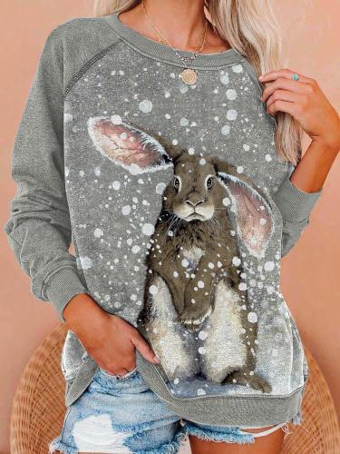 Women's Cute Snow Rabbit Print Long-sleeved Sweatshirt