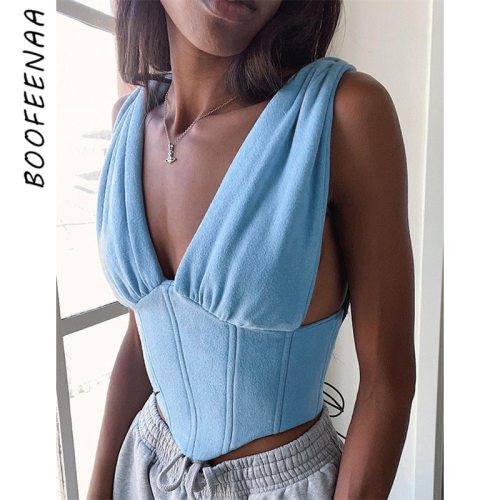 BOOFEENAA Deep V Neck Backless Corset Top Sky Blue Sexy Tops for Women Fashion Crop Top Vest Female Clothing C76-CA18