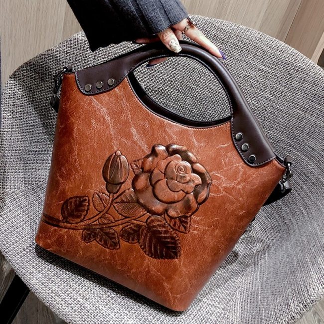 Women Handbag Rose Print Leather Large Capacity Shoulder Bag