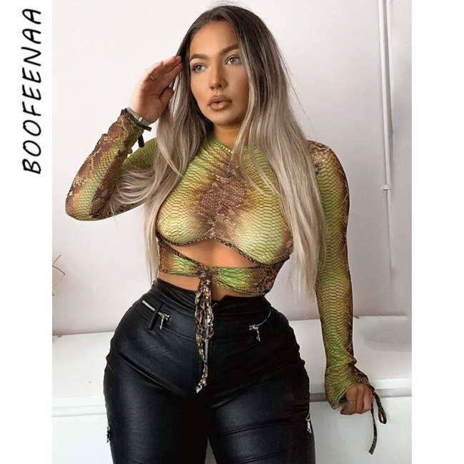 BOOFEENAA Drawstring Ruched Hollow Out Long Sleeve Crop Tops Fall 2020 Fashion Graphic T Shirts Sexy Leopard Tee C70-BC15