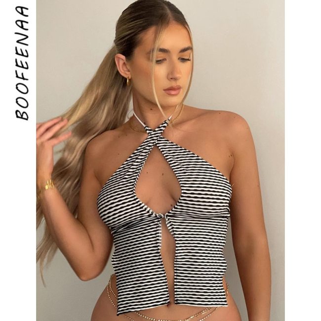 BOOFEENAA Black and White Striped Cute Tank Tops for Women Y2k Clothes Sexy Summer Hollow Out Backless Halter Crop Top C85-AD10