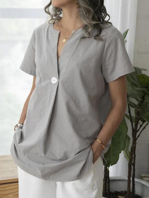 Women's solid color cotton and linen shirt