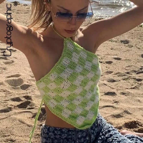Cryptographic Knitted Hollow Out Halter Crop Tops Women Fashion Y2K Cute Backless Cropped Top Summer Streetwear Rave Festival