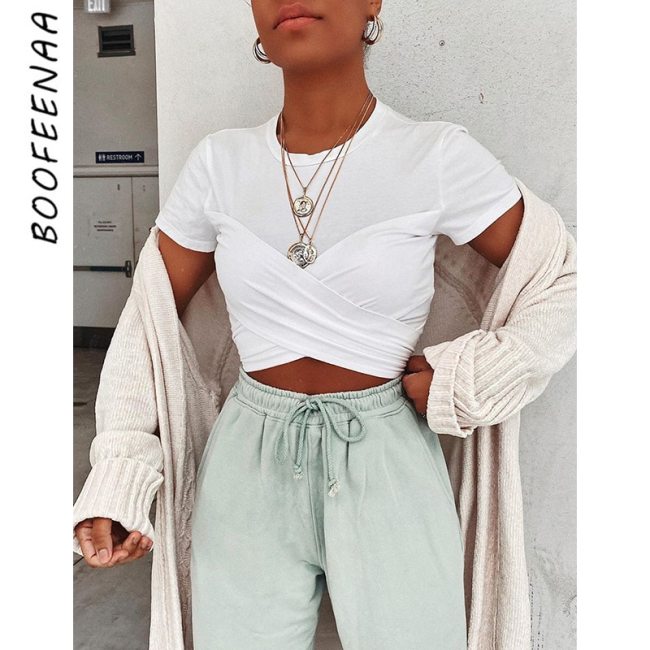 BOOFEENAA White Sexy T Shirt Women Cross Bow Tie Back Short Sleeve Crop Tops Fashion Womens Clothes 2020 Summer C83-I79