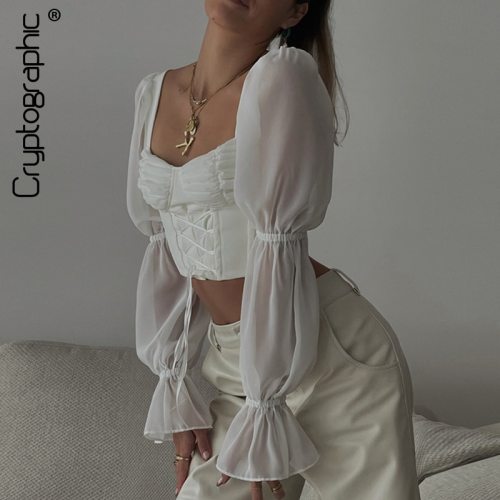 Cryptographic White Long Sleeve Women Tops and Bloues Women Fashion Autumn Club Party Square Collar Chiffon Shirts Crop Tops