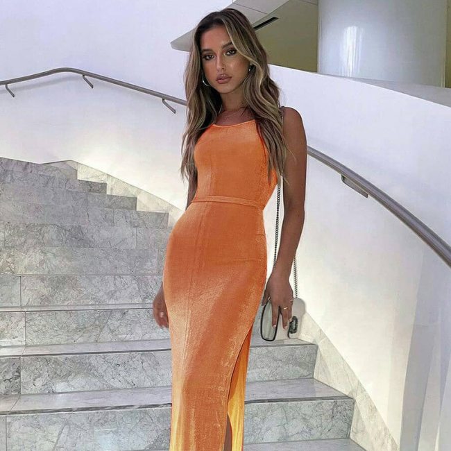 BOOFEENAA Sexy Knitted Open Back Long Dresses for Women Party Night Club Outfits Elegant Sleeveless Slit Bodycon Dress C66-CZ23