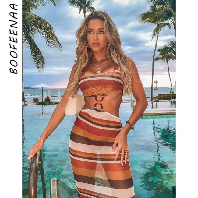 BOOFEENAA Striped Mesh Sheer Bodycon Dress Sexy Beach Vacation Outfits for Women Dresses Summer 2021 Long Maxi Dress C15-BF14