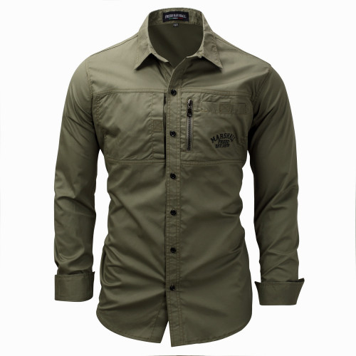 Men's Long Sleeve Lapel Zipper Shirt Cotton Army Outdoor Casual Shirt