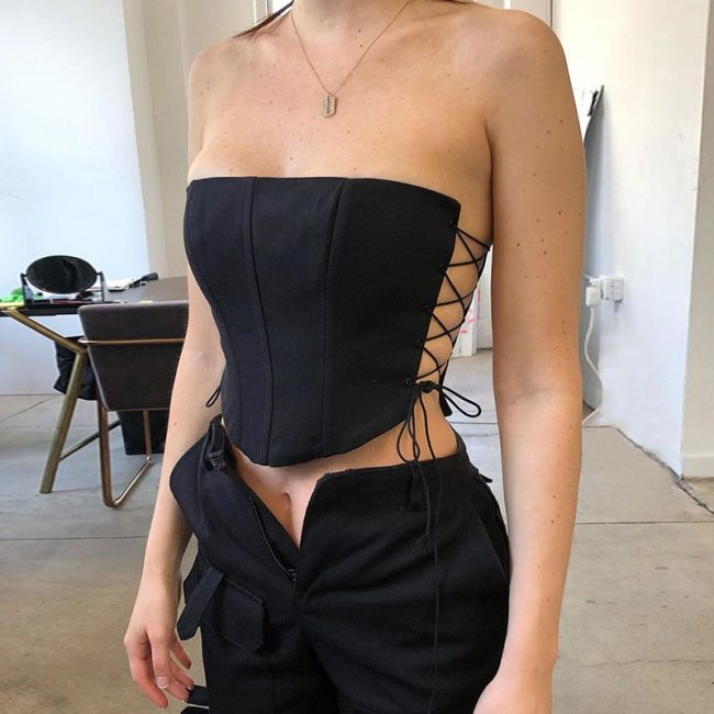 Cryptographic Off Shoulder Strapless Lace Up Sexy Bustier Corset Crop Tops for Women Black Sleeveless Vest Top Cropped Feminino