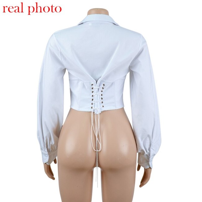 Cryptographic Lace Up White Sexy V-Neck Women Tops and Blouses Long Sleeve Fashion Crop Tops Shirts Ladies Blouses Streetwear