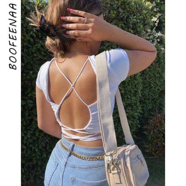 BOOFEENAA Sexy Short Sleeve Backless T Shirts Women Clothes Summer 2020 Cross Lace Up Open Back White Crop Tops C66-AH11