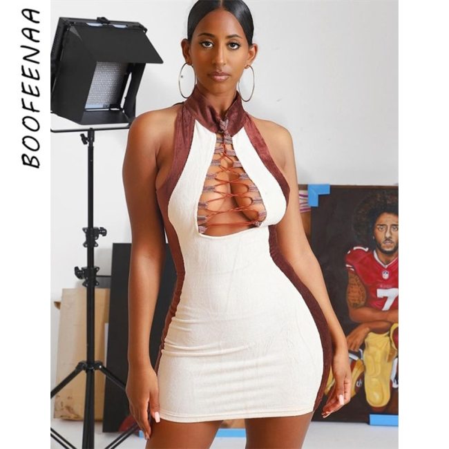 BOOFEENAA Sexy Bodycon Dresses for Women Clubwear Corduroy Brown/White Color Block Sleeveless Lace Up Bandage Mini Dress C85CC20