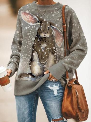 Women's Casual Snow Rabbit Print Long-sleeved Sweatshirt