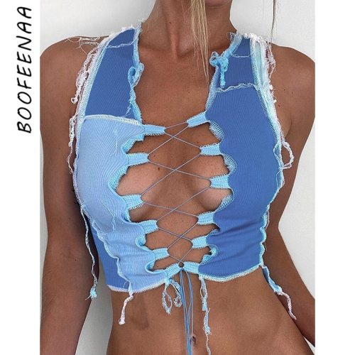 BOOFEENAA Sexy Y2k Streetwear Crop Top Blue Hollow Out Contrast Stitch Patchwork Tank Tops for Women 2020 C83-BZ10