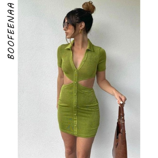 BOOFEENAA Sexy Cut Out Button Down Short Sleeve Bodycon Dress French Fashion Ladies Vacation Summer Dresses Clubwear C83-CE19