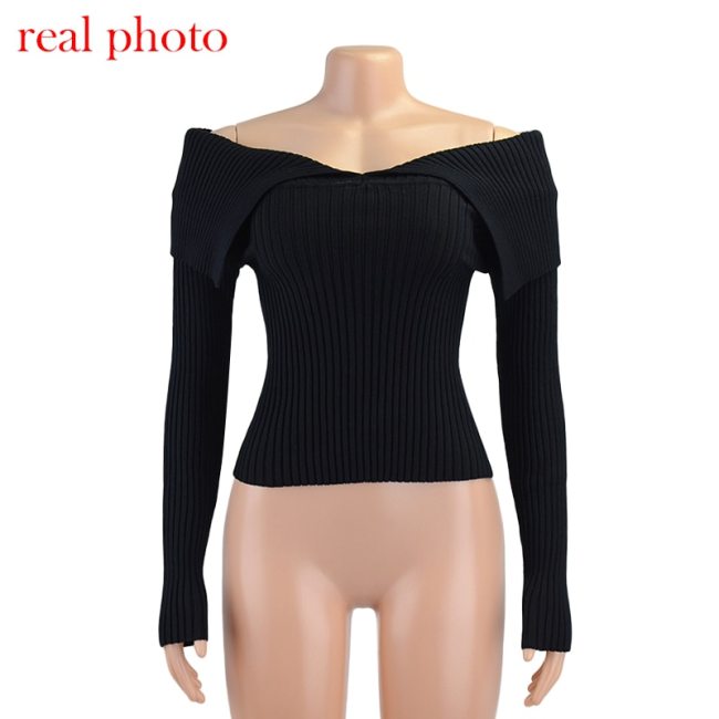 Cryptographic Chic Fashion Off Shoulder Ribbed Knitted Women's Top Fall Winter Long Sleeve Cropped Top Slim Streetwear Clothing