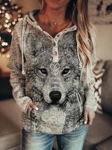 Women's animal wolf print casual hooded sweater