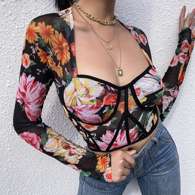 Cryptographic Sexy Backless Fashion Floral Print Blouses Women Tops Shirt Short Square Collar Cropped Tops Slim Hot Streetwear