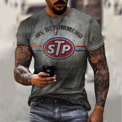 Men's retro distressed printed short-sleeved T-shirt