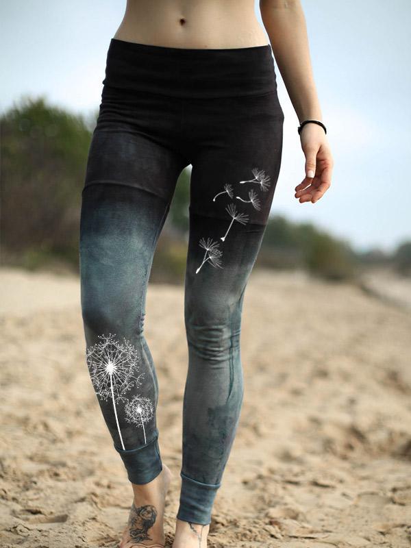 Women's Retro Gradient Dyed Dandelion Print Stretch Leggings