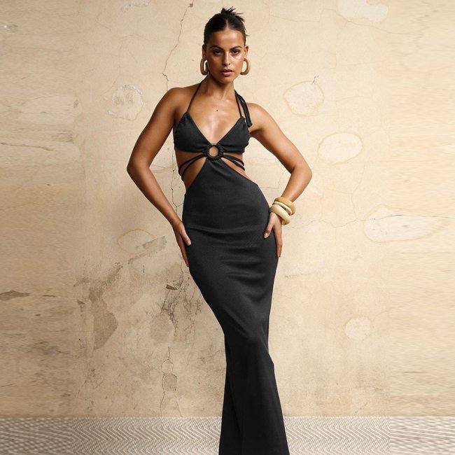 BOOFEENAA Sexy Backless Halter Long Maxi Dresses Elegant Outfits for Women Party Night Black Ladies Evening Dresses C66-CA31