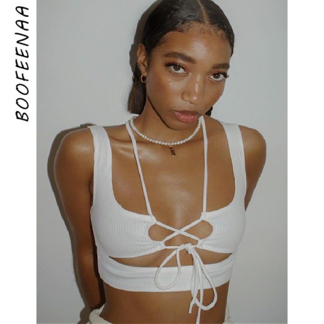 BOOFEENAA Sexy Hollow Out Lace Up Slim Fit Crop Top Summer Clothes for Women Cyber Y2k Black White Ribbed Tank Tops C85-AE10
