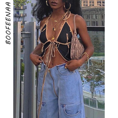 BOOFEENAA Tassel Black Mesh Sheer Cami Crop Tops Sexy Womens Clothing Backless Halter Cardigan Spagetti Strap Tank Top C85-AD10
