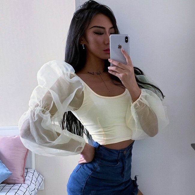 BOOFEENAA Mesh Spliced Puff Sleeve Womens Tops and Blouses White Black Sexy Vintage Shirt Women Crop Top Spring 2020 C76-I30