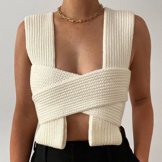 BOOFEENAA Knitted Green White Crop Top Women Spring 2021 Trendy Sexy Cross Sweater Tank Top Bustier Cropped Shirts C76-CB24