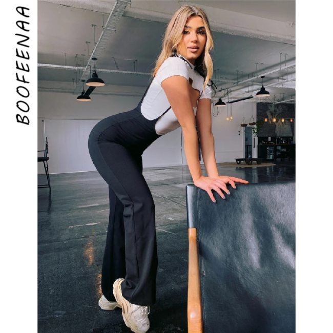 BOOFEENAA Black High Waist Wide Leg Pants Casual Lace Up Overalls Women Pant 2020 Summer Fashion Flare Trousers C34-AA27