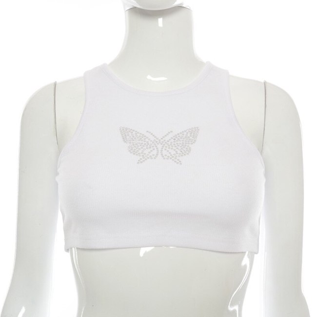 BOOFEENAA Y2k Rhinestone Butterfly Ribbed Tank Tops Women Summer 2021 Sexy Club Tops White Black Y2k Cropped T Shirt C85AH10