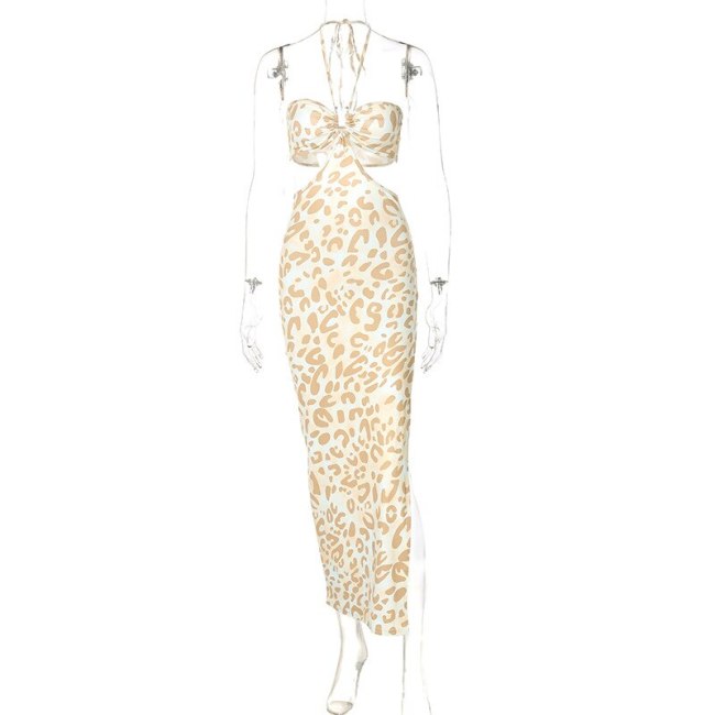 BOOFEENAA Yellow Leopard Print Sexy Maxi Dresses Beach Resort Wear Women 2021 Hollow Halter Backless Split Long Dress C95-BG20