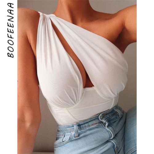 BOOFEENAA White One Shoulder Hollow Out Fishbone Corset Top Vintage Sexy Ladies Tops Summer 2021 Club Crop Top Femme C96-BH12