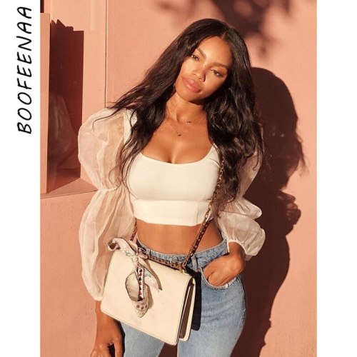 BOOFEENAA Mesh Spliced Puff Sleeve Womens Tops and Blouses White Black Sexy Vintage Shirt Women Crop Top Spring 2020 C76-I30