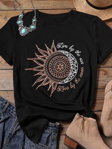 Retro sun and moon print T-shirt top