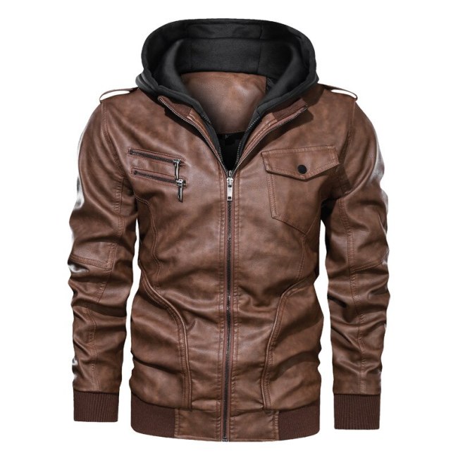 Leather Jacket Men's Jacket Motorcycle Hooded Pu Leather Jacket 2020 New Male Oblique Zipper European size jaqueta couro