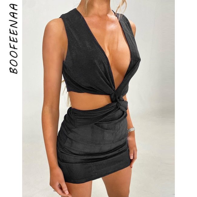 BOOFEENAA Sexy Hollow Out Twist Front Deep V Neck Sleeveless Bodycon Dress Summer Club Outfits for Women Mini Dresses C66-BG23