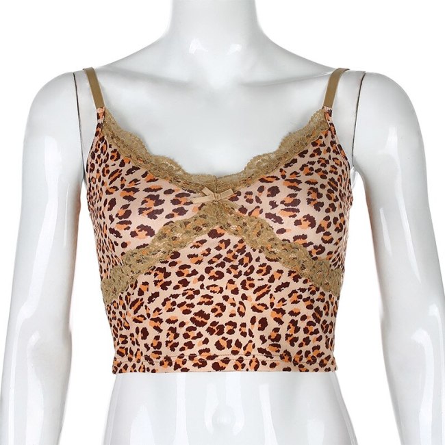 BOOFEENAA Lace Trim V Neck Backless Cropped Top Women Clothes Summer 2020 Cheetah Cute Sexy Fitted Cami Tank Tops C84-BZ10