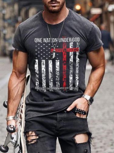 Men's One Nation Under God Blessed The Nation Whose God Is The Lord Cross Flag Print T-shirt