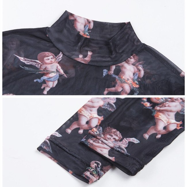 BOOFEENAA Angel Print Black Mesh Crop Top Long Sleeve T Shirt Sexy Womens Graphic Tops New Trends 2019 Streetwear C87-G87
